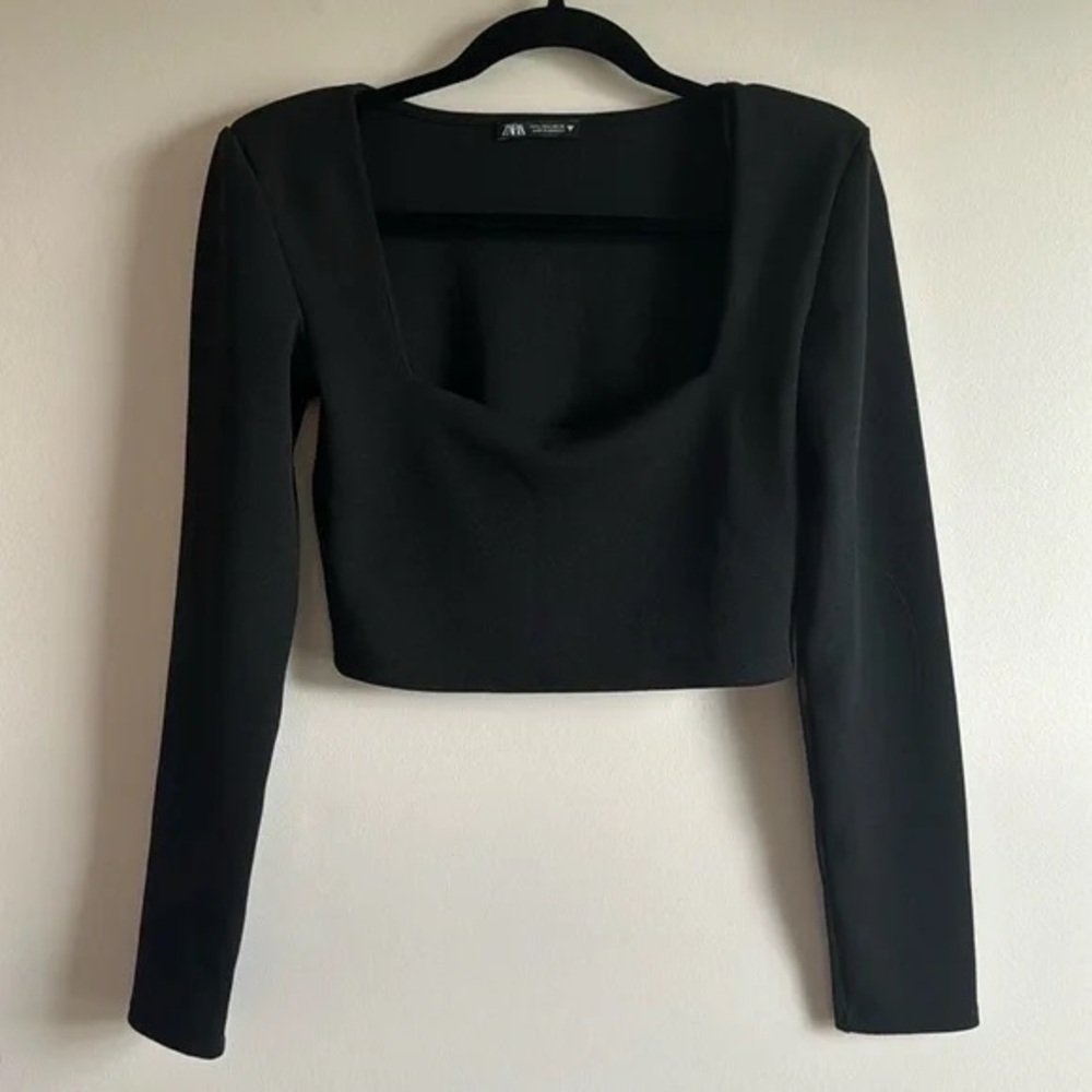 NWT Zara Black Fitted Long Sleeve Crop Blouse